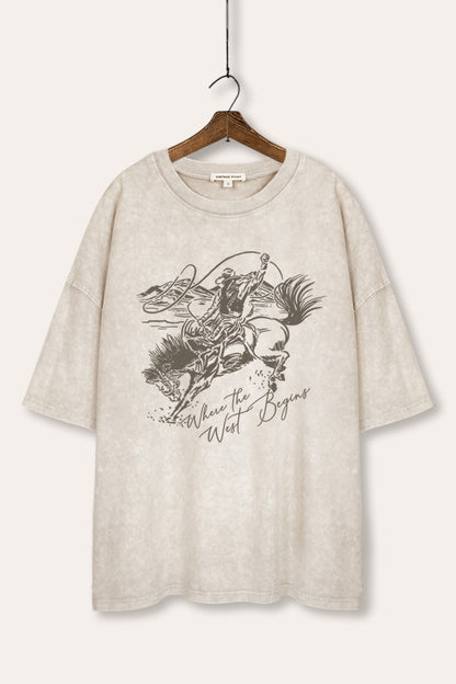 Where The West Begins Cowboy Graphic Mineral Wash Oversized Tee
