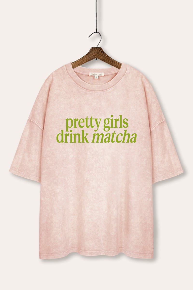 "pretty girls drink matcha" oversized mineral wash graphic tee