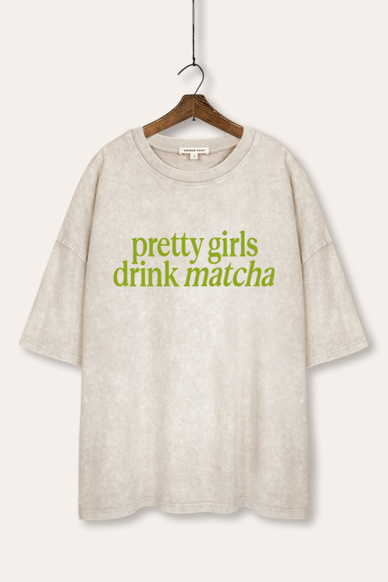 "pretty girls drink matcha" oversized mineral wash graphic tee