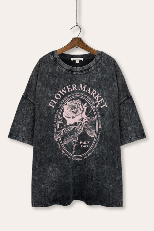 Flower Market Rose Graphic Mineral Wash Oversized Tee