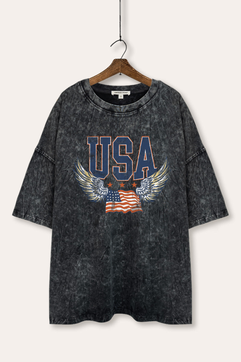 USA Flag Wings Of Freedom Graphic Mineral Wash Oversized Tee
