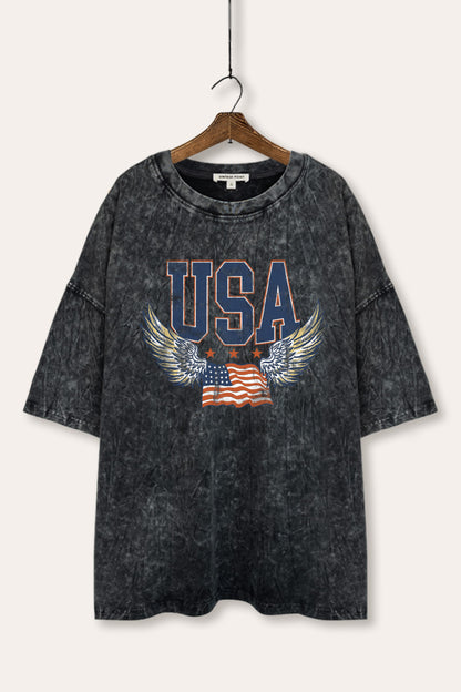USA Flag Wings Of Freedom Graphic Mineral Wash Oversized Tee