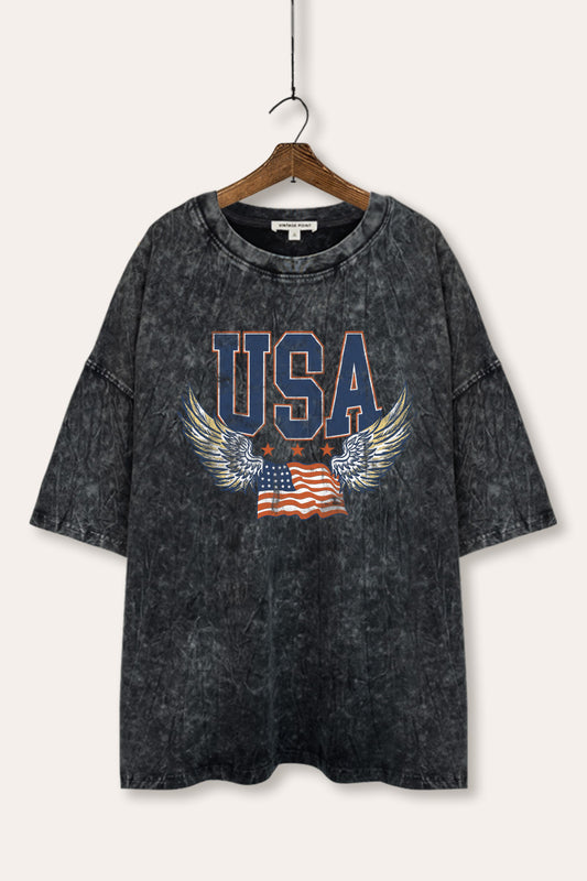 USA Flag Wings Of Freedom Graphic Mineral Wash Oversized Tee