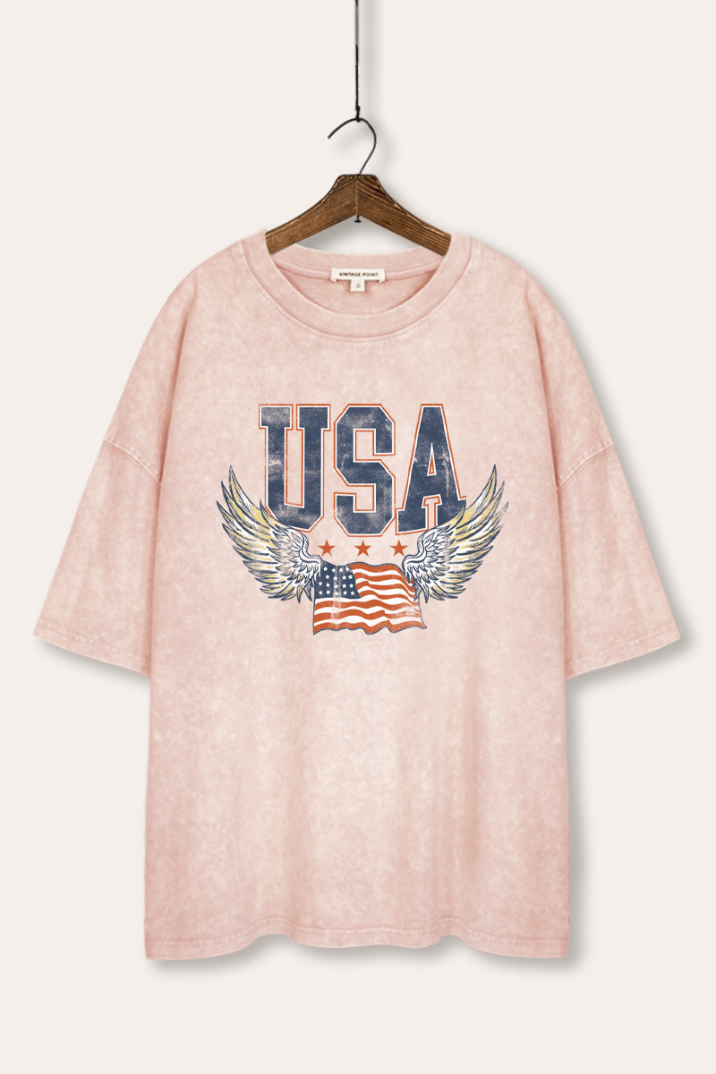 USA Flag Wings Of Freedom Graphic Mineral Wash Oversized Tee