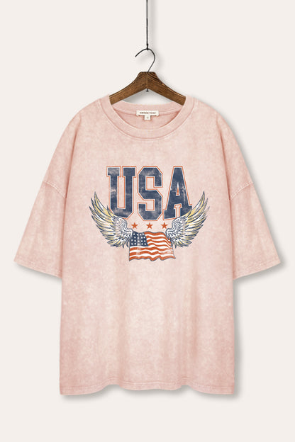 USA Flag Wings Of Freedom Graphic Mineral Wash Oversized Tee