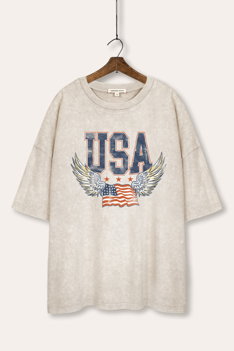 USA Flag Wings Of Freedom Graphic Mineral Wash Oversized Tee