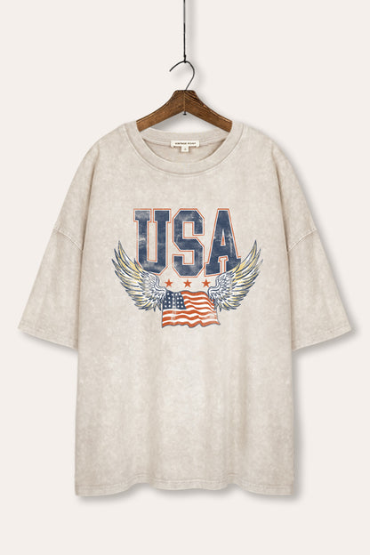USA Flag Wings Of Freedom Graphic Mineral Wash Oversized Tee