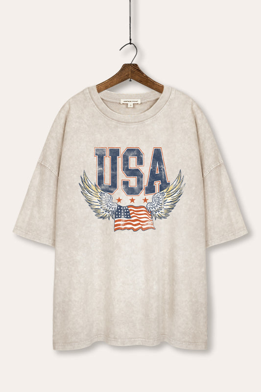 USA Flag Wings Of Freedom Graphic Mineral Wash Oversized Tee