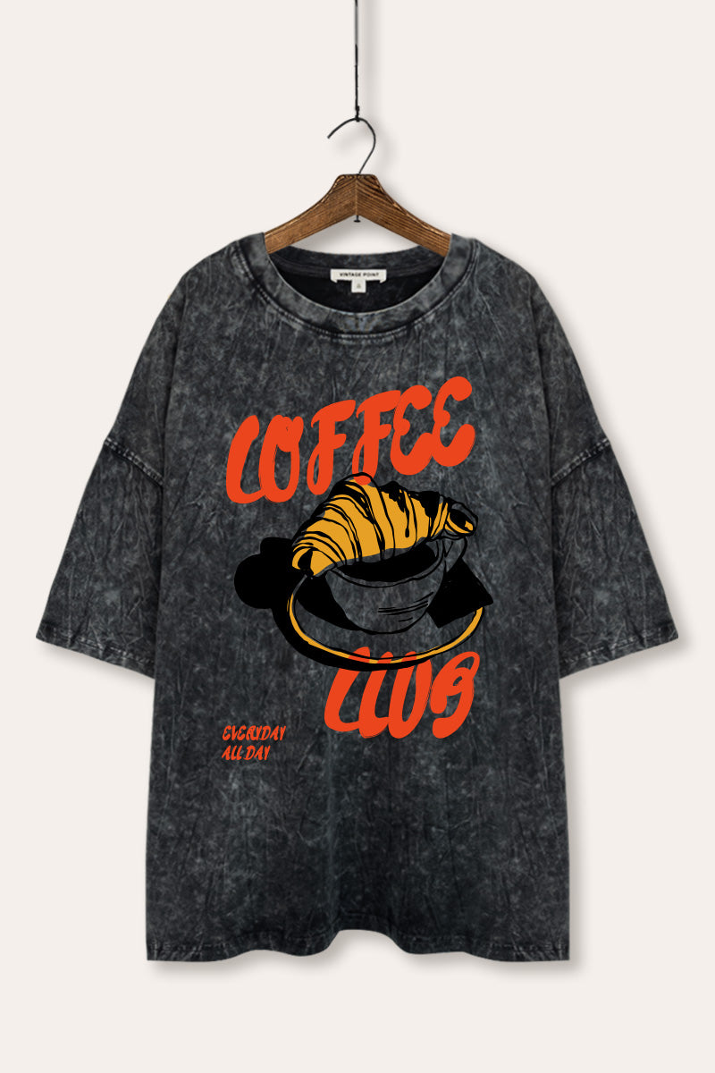 coffee club croissant graphic mineral wash oversized tee