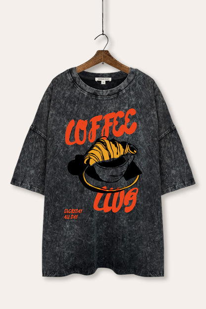 Coffee Club Croissant Graphic Mineral Wash Oversized Tee