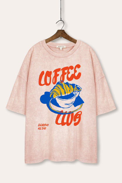 Coffee Club Croissant Graphic Mineral Wash Oversized Tee