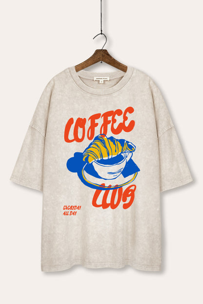 Coffee Club Croissant Graphic Mineral Wash Oversized Tee