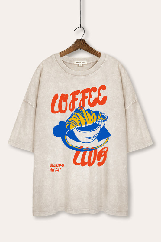 Coffee Club Croissant Graphic Mineral Wash Oversized Tee