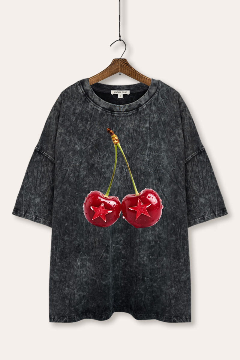 Cherry Star Fruit Graphic Mineral Wash Oversized Tee