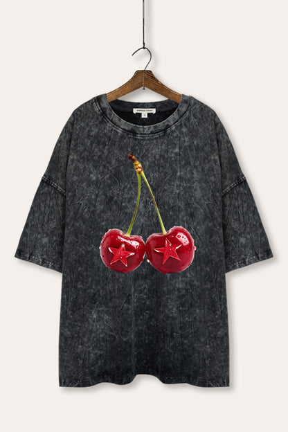 Cherry Star Fruit Graphic Mineral Wash Oversized Tee