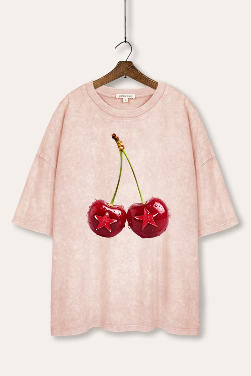 Cherry Star Fruit Graphic Mineral Wash Oversized Tee