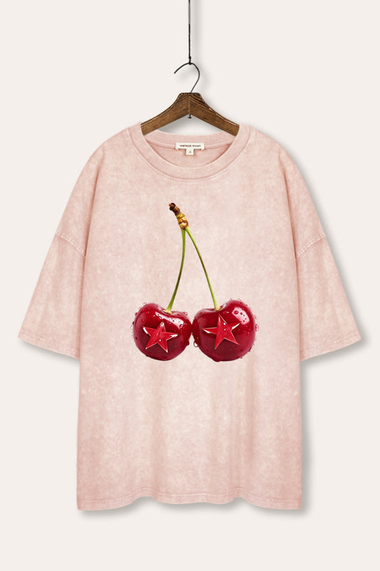 Cherry Star Fruit Graphic Mineral Wash Oversized Tee