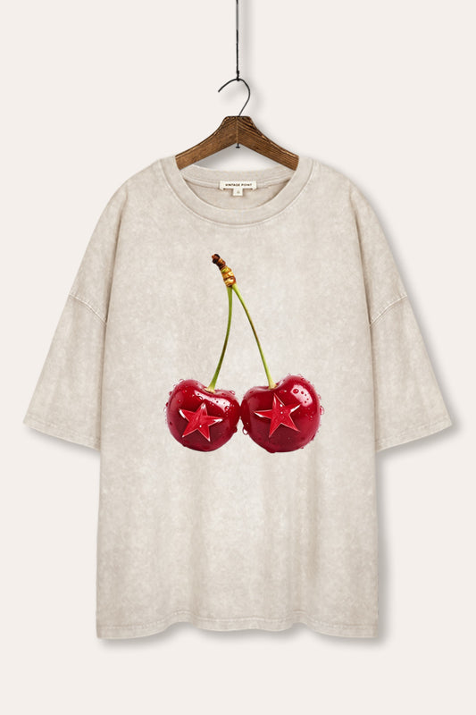 Cherry Star Fruit Graphic Mineral Wash Oversized Tee