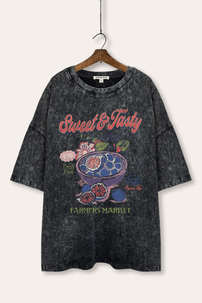 Sweet & Tasty Blueberry Fruit Graphic Mineral Wash Oversized Tee