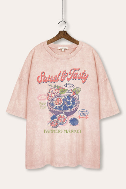 Sweet & Tasty Blueberry Fruit Graphic Mineral Wash Oversized Tee
