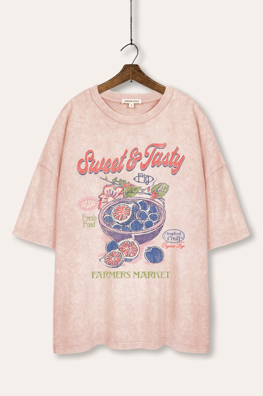 Sweet & Tasty Blueberry Fruit Graphic Mineral Wash Oversized Tee