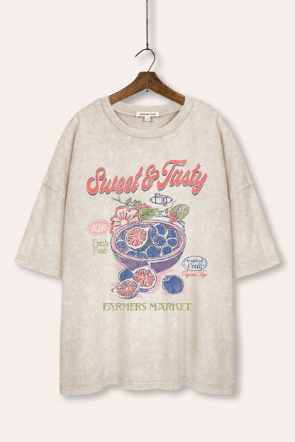 Sweet & Tasty Blueberry Fruit Graphic Mineral Wash Oversized Tee