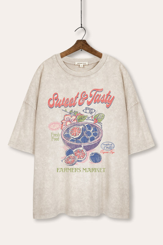 Sweet & Tasty Blueberry Fruit Graphic Mineral Wash Oversized Tee