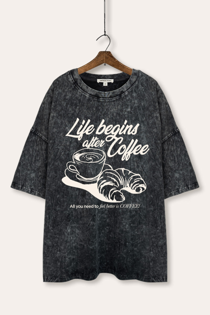 coffee & croissant graphic mineral wash oversized tee