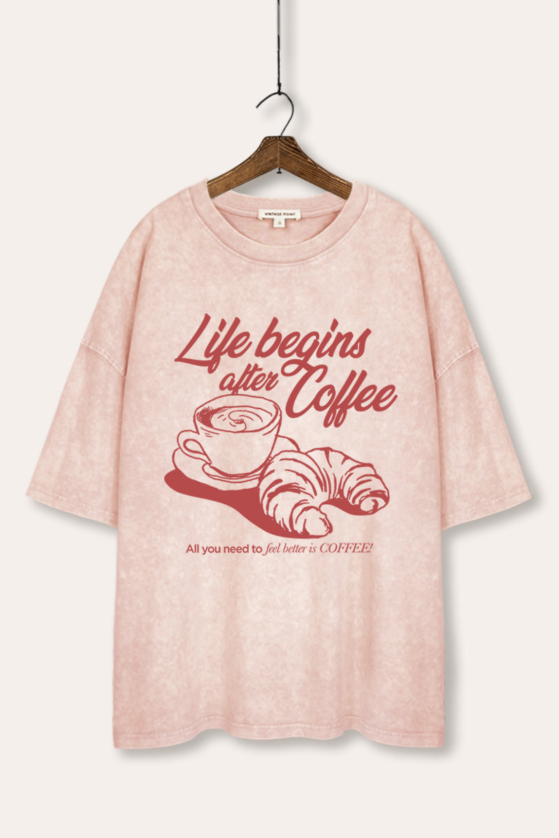 coffee & croissant graphic mineral wash oversized tee