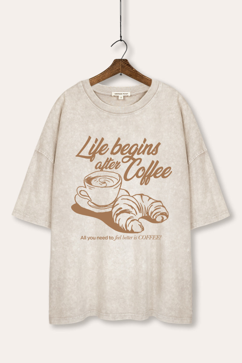 coffee & croissant graphic mineral wash oversized tee