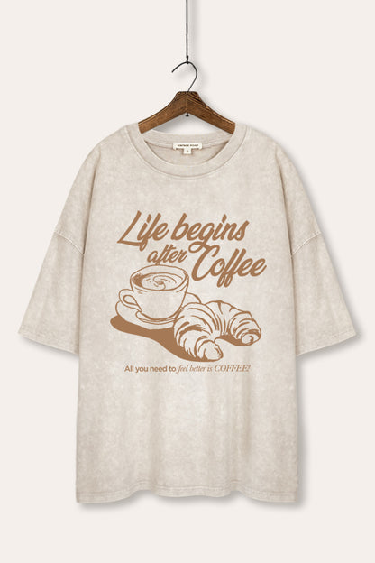 Life Begins After Coffee Graphic Mineral Wash Oversized Tee