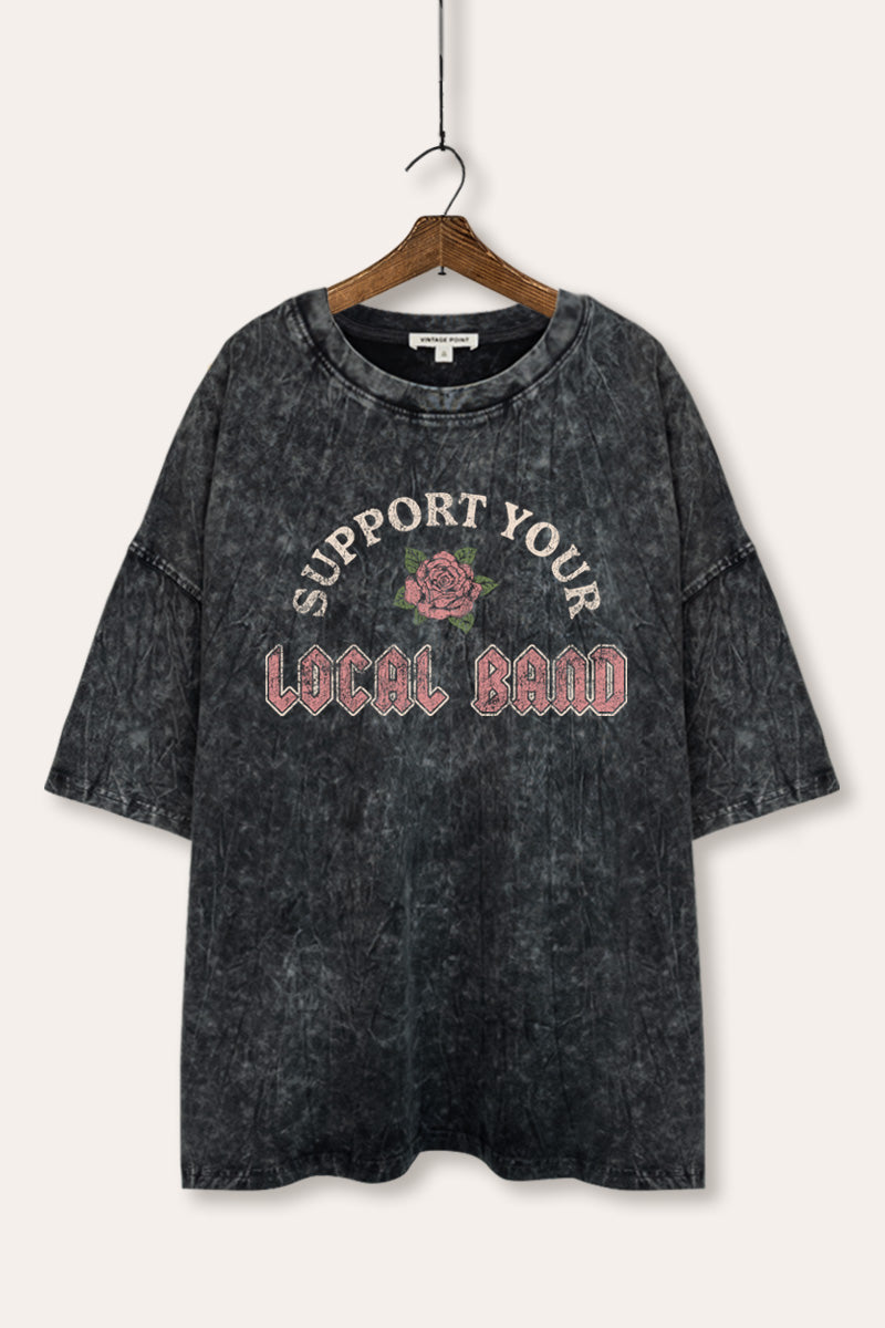 Support Your Local Band Rose Graphic Mineral Wash Oversized Tee