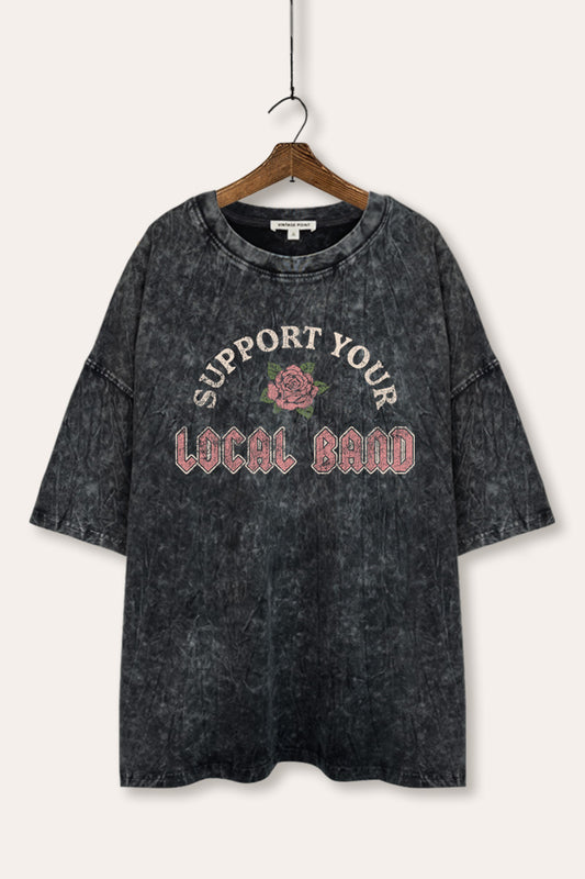 Support Your Local Band Rose Graphic Mineral Wash Oversized Tee