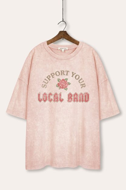 Support Your Local Band Rose Graphic Mineral Wash Oversized Tee