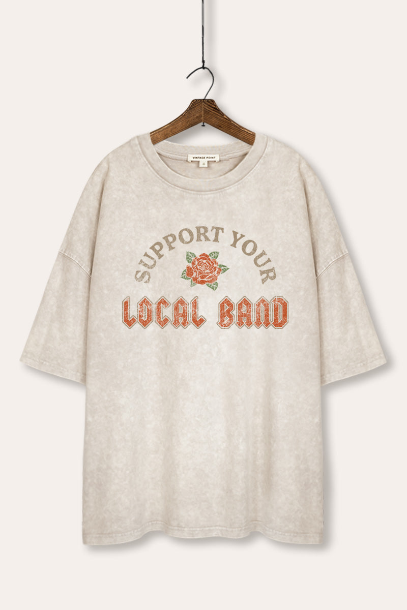 Support Your Local Band Rose Graphic Mineral Wash Oversized Tee