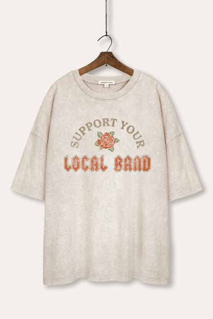 Support Your Local Band Rose Graphic Mineral Wash Oversized Tee