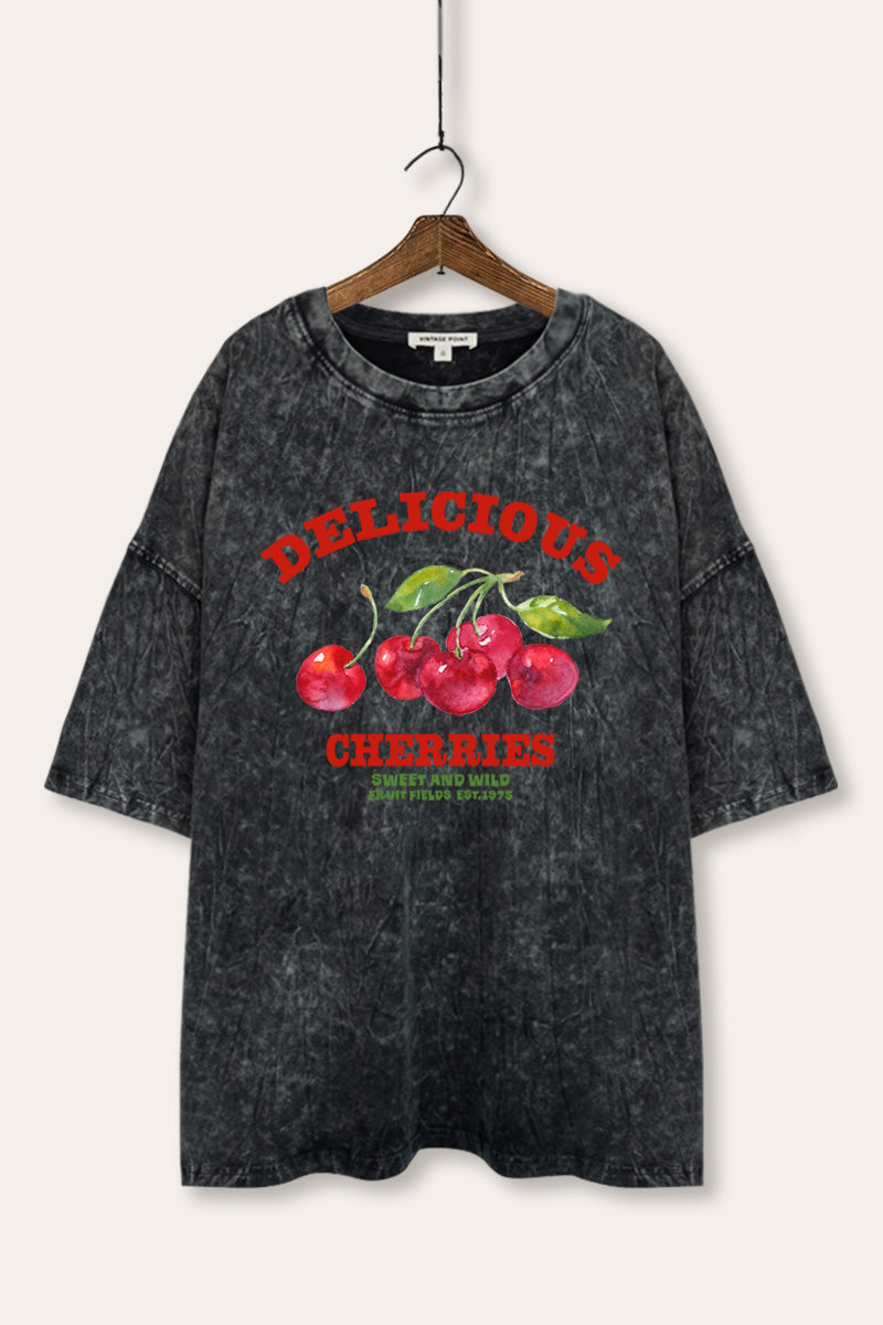 Delicious Cherries Fruit Graphic Mineral Wash Oversized Tee