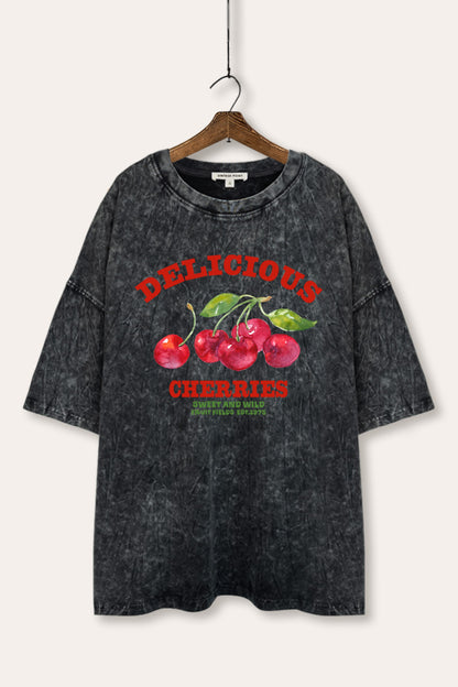 Delicious Cherries Fruit Graphic Mineral Wash Oversized Tee