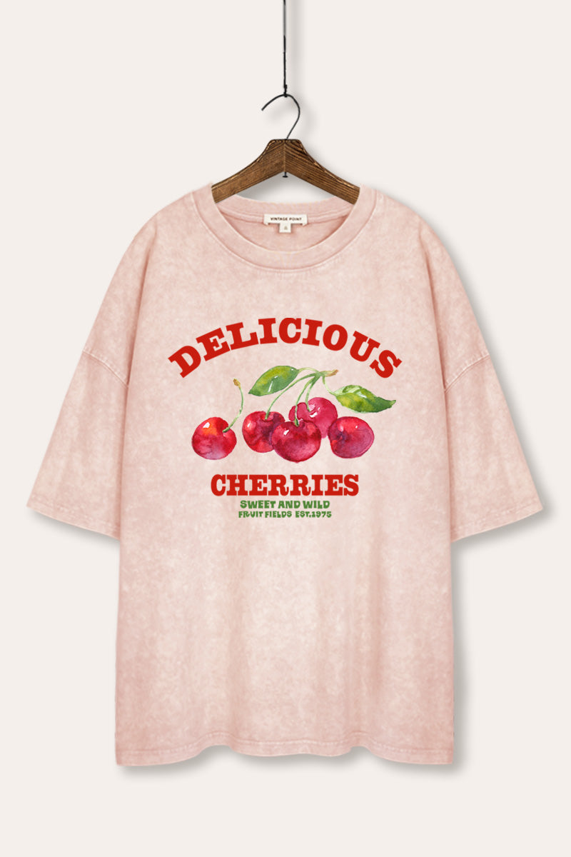 Delicious Cherries Fruit Graphic Mineral Wash Oversized Tee