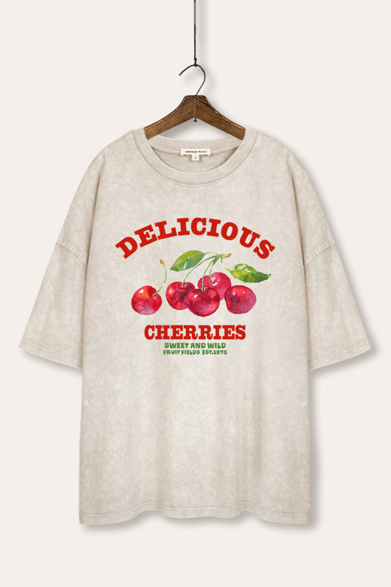 Delicious Cherries Fruit Graphic Mineral Wash Oversized Tee