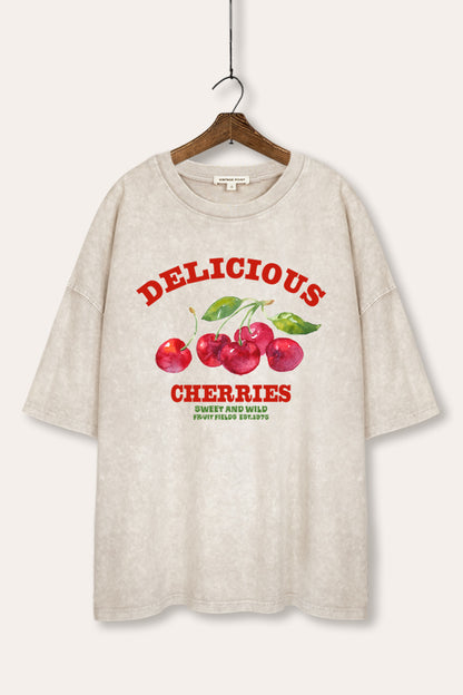 Delicious Cherries Fruit Graphic Mineral Wash Oversized Tee