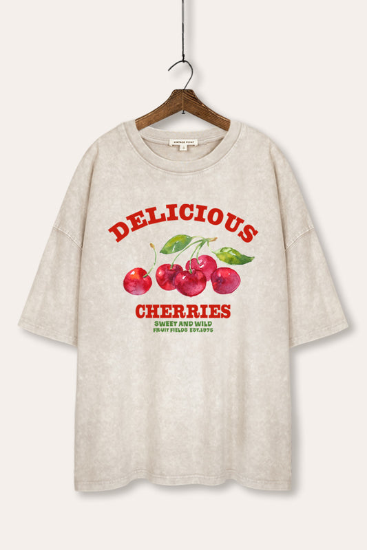 Delicious Cherries Fruit Graphic Mineral Wash Oversized Tee