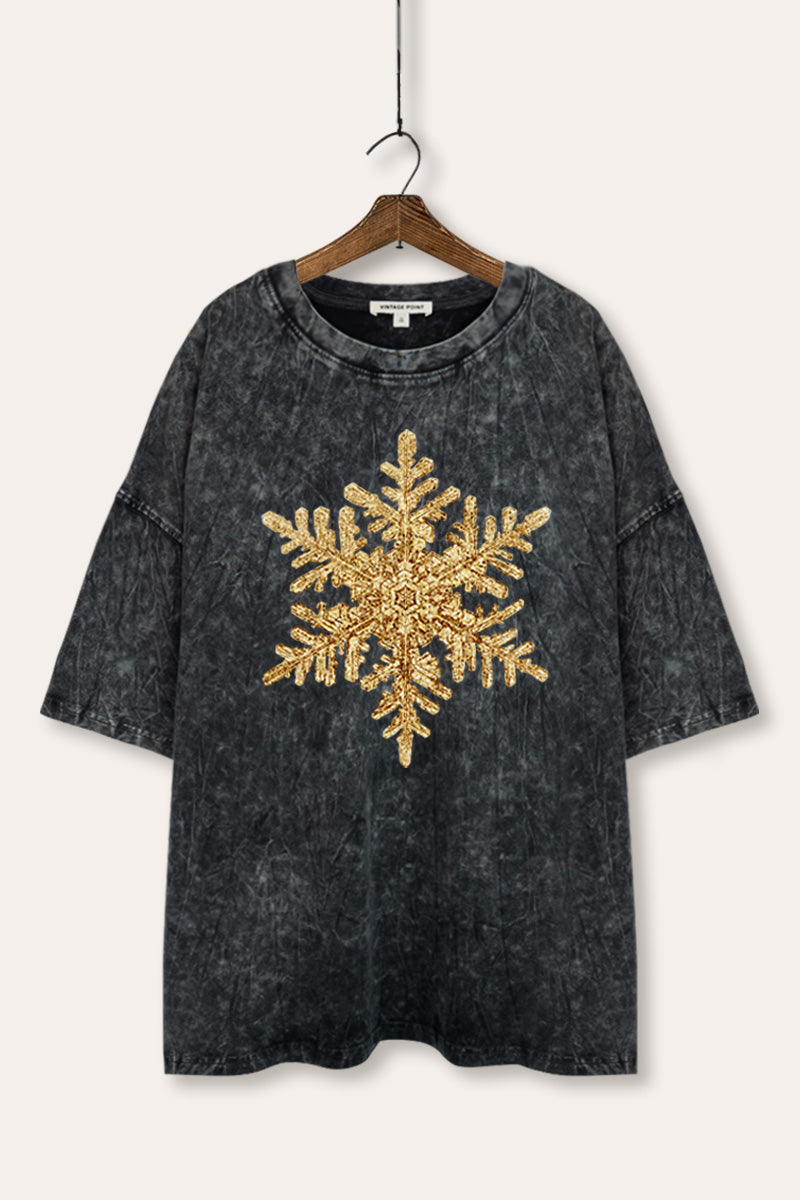 Gold Snowflake Christmas Graphic Mineral Wash Oversized Tee