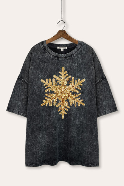 Gold Snowflake Christmas Graphic Mineral Wash Oversized Tee