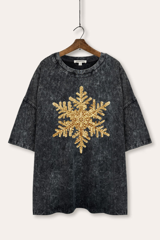 Gold Snowflake Christmas Graphic Mineral Wash Oversized Tee