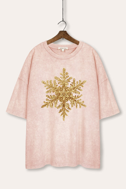 Gold Snowflake Christmas Graphic Mineral Wash Oversized Tee