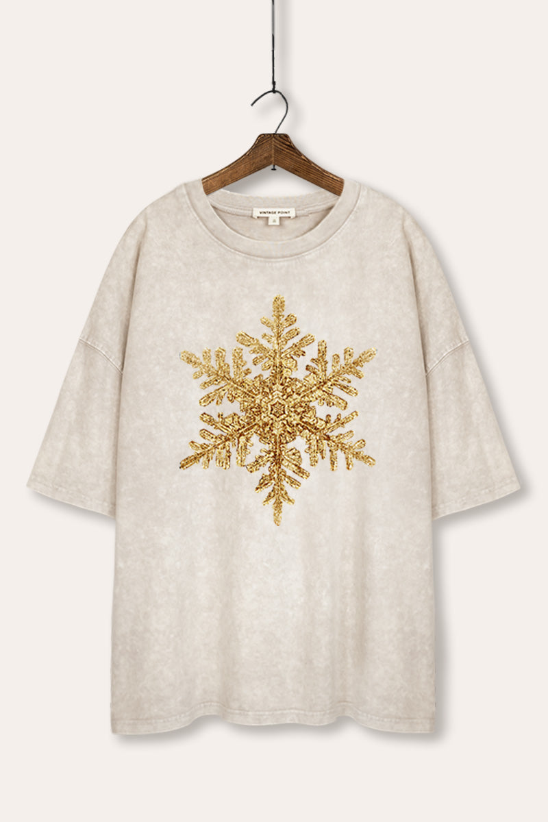 Gold Snowflake Christmas Graphic Mineral Wash Oversized Tee