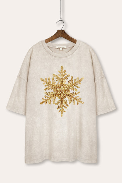 Gold Snowflake Christmas Graphic Mineral Wash Oversized Tee