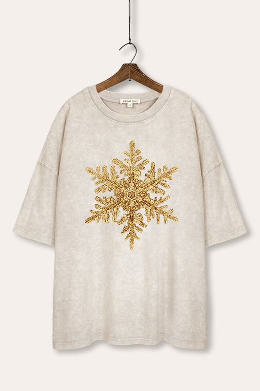 Gold Snowflake Christmas Graphic Mineral Wash Oversized Tee