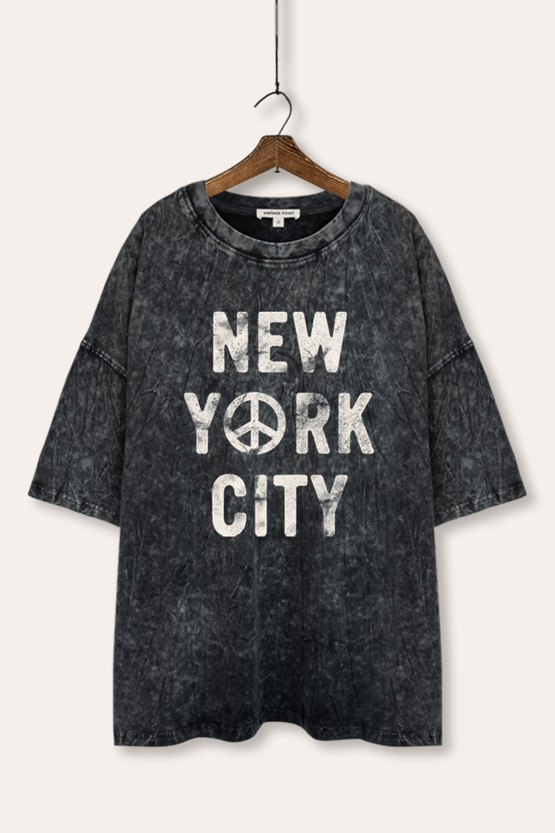 New York City Peace Sign Graphic Mineral Wash Oversized Tee
